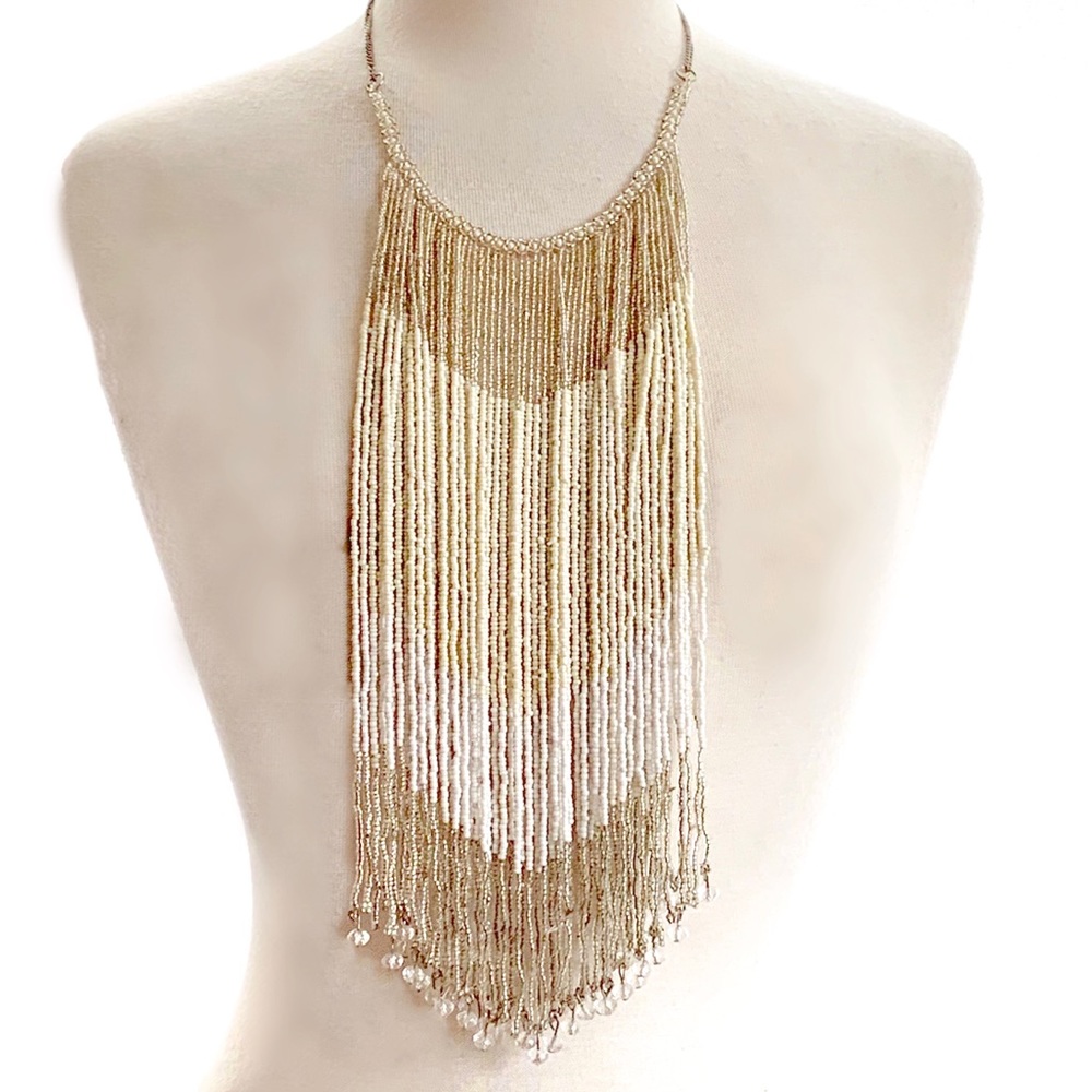 Stunning Neutral Shaded Seed Bead Fringe Necklace